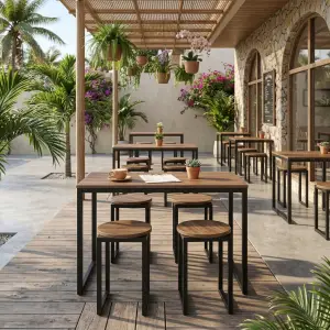 Set Meja Cafe Industrial dengan Stool Kayu [3]