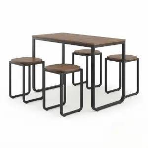 Set Meja Cafe Industrial Rangka Besi Top Kayu dengan 4 Stool
