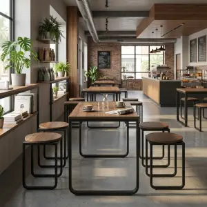 Set Meja Cafe Industrial Rangka Besi Top Kayu dengan 4 Stool [3]