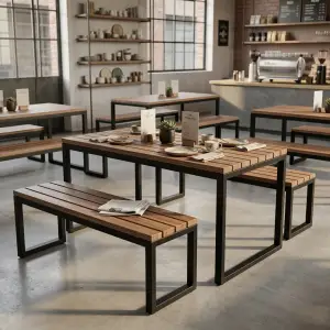 Set Meja Cafe Kayu Besi dengan Bench Industrial