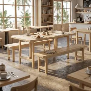 Set Meja Cafe Kayu dengan Bangku Panjang Scandinavian