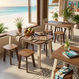 Set Meja Cafe Kayu Dua Warna dengan Stool [4]