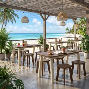 Set Meja Cafe Kayu Dua Warna dengan Stool [7]