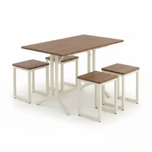 Set Meja Cafe Kayu Rangka Besi Cream dengan 4 Stool
