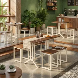 Set Meja Cafe Kayu Rangka Besi Cream dengan 4 Stool [7]