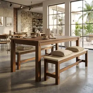 Set Meja Cafe Kayu Solid dengan Bench