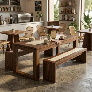 Set Meja Cafe Kayu Solid dengan Bench – Desain Minimalis Modern