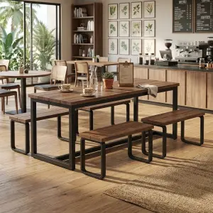 Set Meja Cafe Kayu Solid Rangka Besi dengan Bench