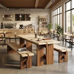 Set Meja Cafe Panjang dengan Bangku Kayu Dua Tone