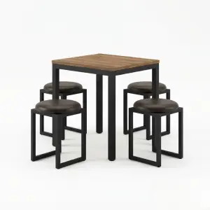 Set Meja Cafe Rangka Besi Top Kayu dengan Stool Kulit