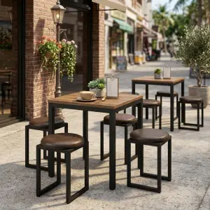 Set Meja Cafe Rangka Besi Top Kayu dengan Stool Kulit [4]