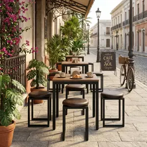 Set Meja Cafe Rangka Besi Top Kayu dengan Stool Kulit [5]