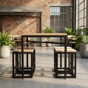 Set Meja Makan Cafe Rangka Besi Hollow Dudukan Plywood [3]