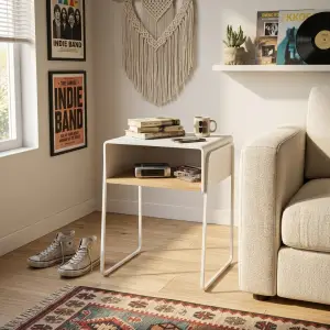 Side Table Besi dengan Rak Kayu Open Shelf