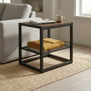 Side Table Besi Kayu dengan Rak Mesh Industrial [5]