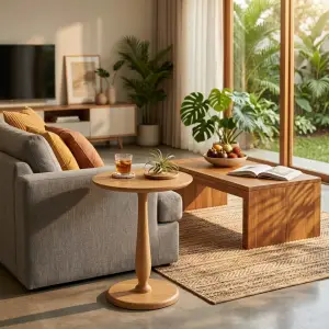 Side Table Bulat Kayu Solid Pedestal [2]
