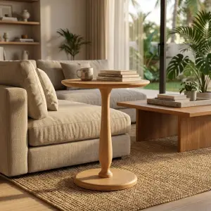 Side Table Bulat Kayu Solid Pedestal [5]