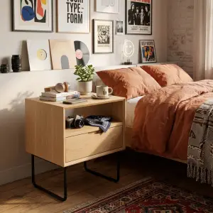 Side Table Kayu Laci Satu dengan Rak Terbuka Kaki Besi [2]