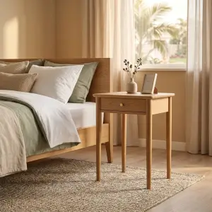 Side Table Kayu Oak dengan Laci dan Kaki Tirus [2]