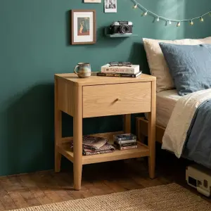 Side Table Kayu Oak Laci Tunggal Rak Bawah