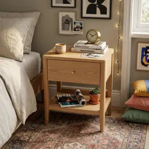 Side Table Kayu Oak Laci Tunggal Rak Bawah [2]