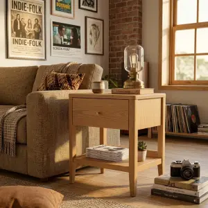 Side Table Kayu Oak Laci Tunggal Rak Bawah [3]