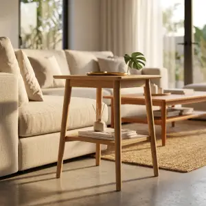 Side Table Kayu Oak Scandinavian dengan Rak Bawah [4]