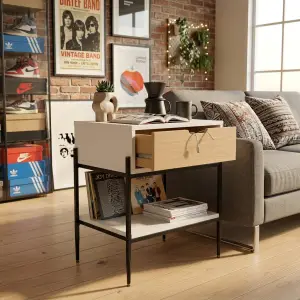 Side Table Laci Kayu Oak Rangka Besi Hitam dengan Rak Bawah [3]