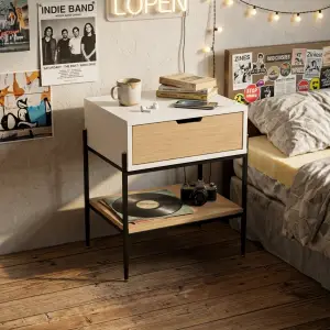 Side Table Laci Kayu Oak Rangka Besi Hitam dengan Rak Bawah [4]