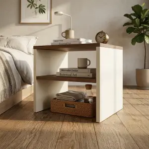 Side Table Open Shelf Dua Tingkat Kombinasi Kayu dan Panel