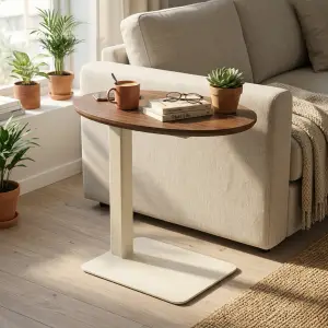 Side Table Oval Top Kayu Walnut Kaki Besi