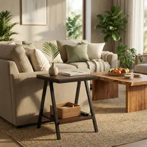 Side Table Rangka A-Frame Kayu dan Besi dengan Rak Penyimpanan [2]