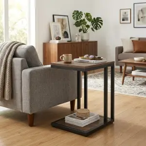 Side Table Rangka Besi Dua Susun Top Kayu Industrial [6]