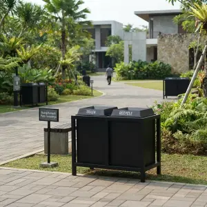 Tempat Sampah Dua Kompartemen Besi Powder Coat Hitam