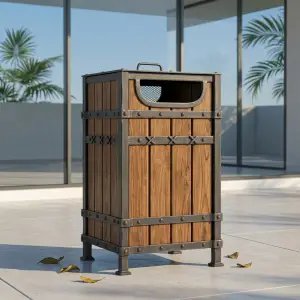 Tempat Sampah Industrial Besi Kayu dengan Tutup dan Lubang Buang [5]