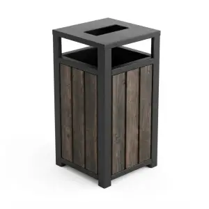 Tempat Sampah Outdoor Besi Rangka Hollow Panel Kayu