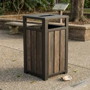 Tempat Sampah Outdoor Besi Rangka Hollow Panel Kayu [5]