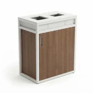 Tempat Sampah Pilah 2 Kompartemen Rangka Besi Panel Kayu