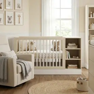 Tempat Tidur Bayi dengan Rak Penyimpanan Terintegrasi