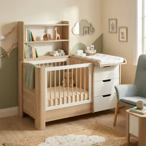 Tempat Tidur Bayi dengan Rak Penyimpanan Terintegrasi