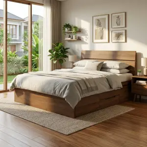 Tempat Tidur Kayu Laci Bawah Headboard Horizontal [2]