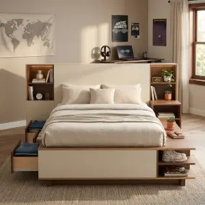 Tempat Tidur Platform Laci Bawah Rak Headboard Terintegrasi
