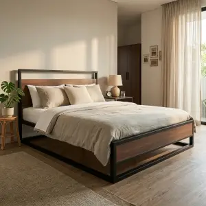 Tempat Tidur Rangka Besi Kombinasi Kayu Gaya Industrial [5]