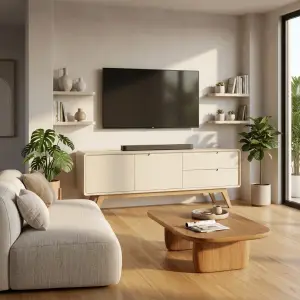 TV Cabinet Skandinavian Kayu Solid Dua Pintu Dua Laci [2]