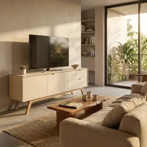 TV Cabinet Skandinavian Kayu Solid Dua Pintu Dua Laci [5]