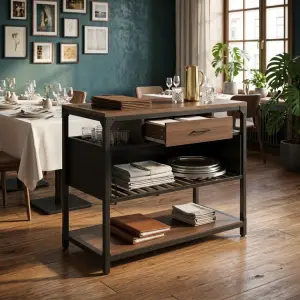 Waiter Station Industrial Kayu Besi dengan Laci dan Rak Susun [5]