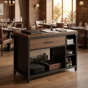 Waiter Station Industrial Rangka Besi Meja Kayu [2]