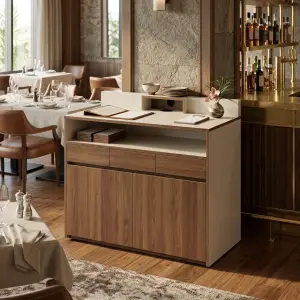 Waiter Station Kayu Walnut Kombinasi HPL untuk Restoran [2]
