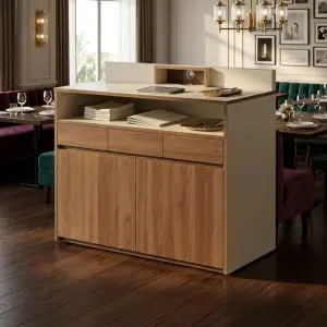 Waiter Station Kayu Walnut Kombinasi HPL untuk Restoran [3]