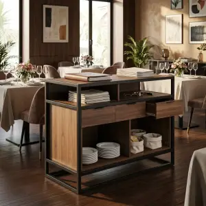 Waiter Station Rangka Besi Panel Kayu untuk Restoran dan Cafe [5]